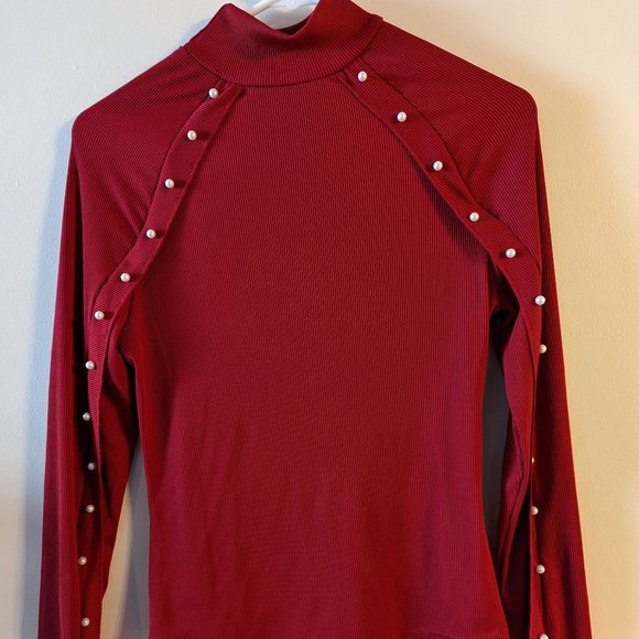 Red Mockneck top with Pearls - Picture 1 of 2